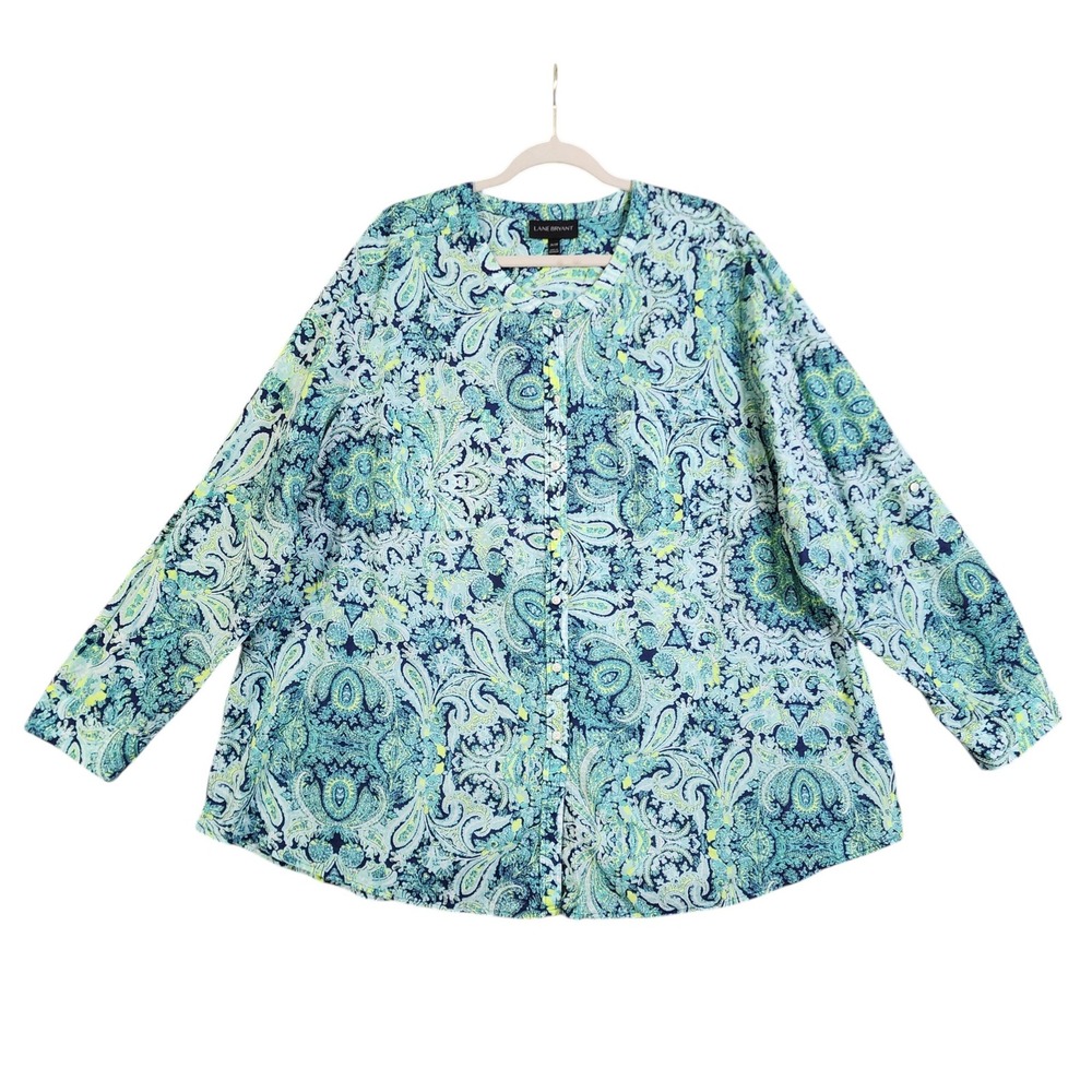 Lane Bryant Womens Paisley Button Down Blouse Plus Size 26/28 Blue Green Cotton
